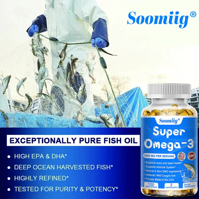 Omega-3 Fish Oil with DHA & EPA, Stress Relief, Mood Improvement, Brain & Memory, Skin & Mental Health, 120 Softgels